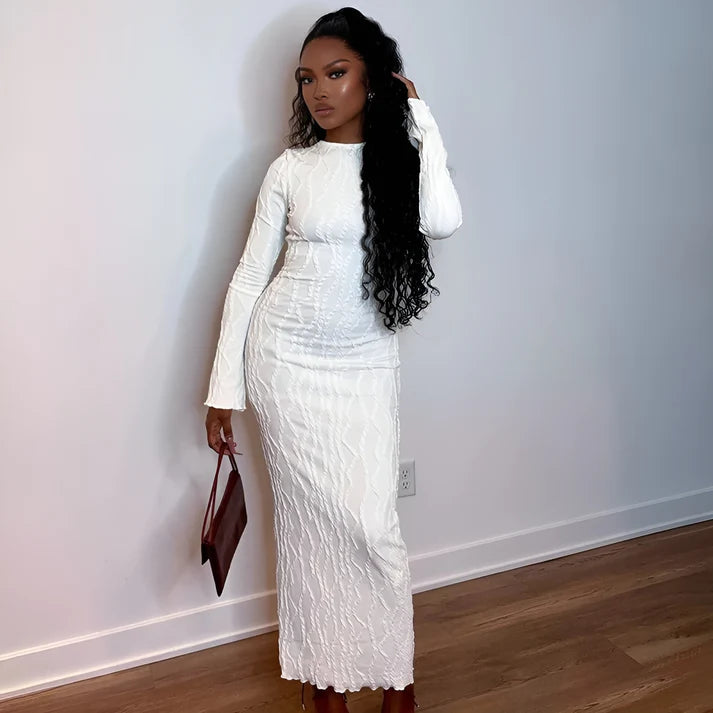 Model wearing Aleisha Maxi Dress – slim casual floor-length cotton-blend sheath by Santori The Label.