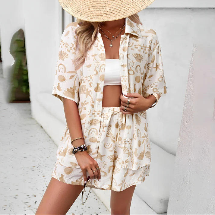 Model wearing Ferri Set – patchwork drawstring pant and retro top matching set, styled for casual summer comfort, by Santori The Label