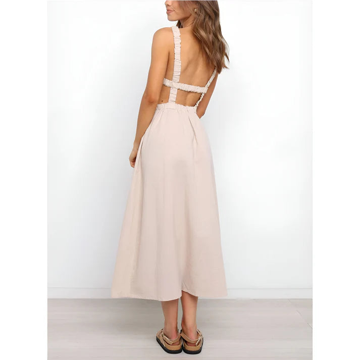 Model wearing Nellie Maxi Dress – relaxed empire waist summer maxi dress with a loose silhouette by Santori The Label.