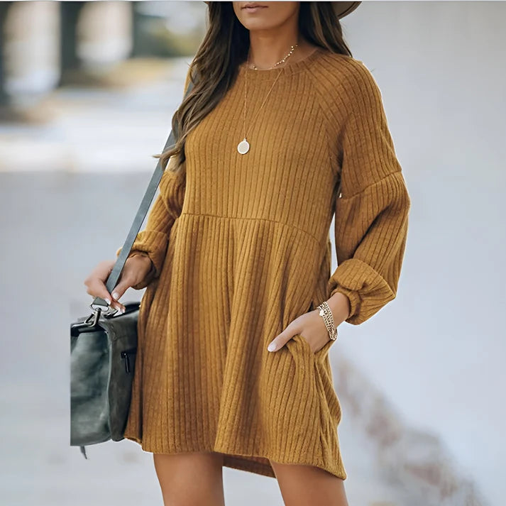 Model wearing Aurora Long Sleeve Mini Dress – cozy knit casual mini for autumn/winter by Santori The Label.