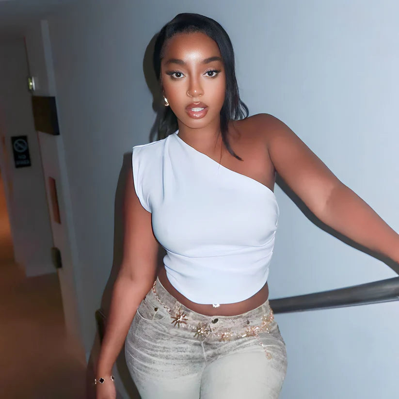 Model wearing Bailey Top – high-stretch everyday casual cropped top by Santori The Label.