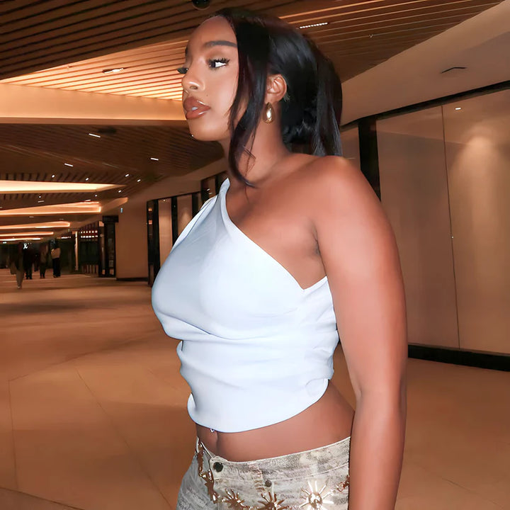Model wearing Bailey Top – high-stretch everyday casual cropped top by Santori The Label.