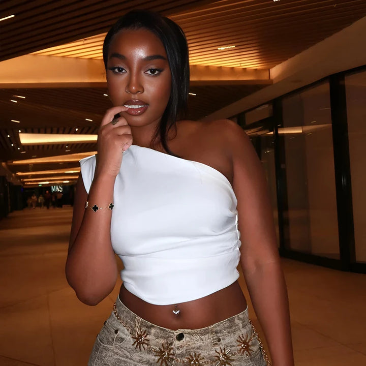 Model wearing Bailey Top – high-stretch everyday casual cropped top by Santori The Label.