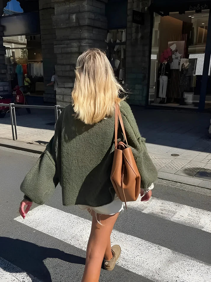 Model wearing Barley Sweater – fitted winter womens sweater with tailored cut and soft stretch, by Santori The Label