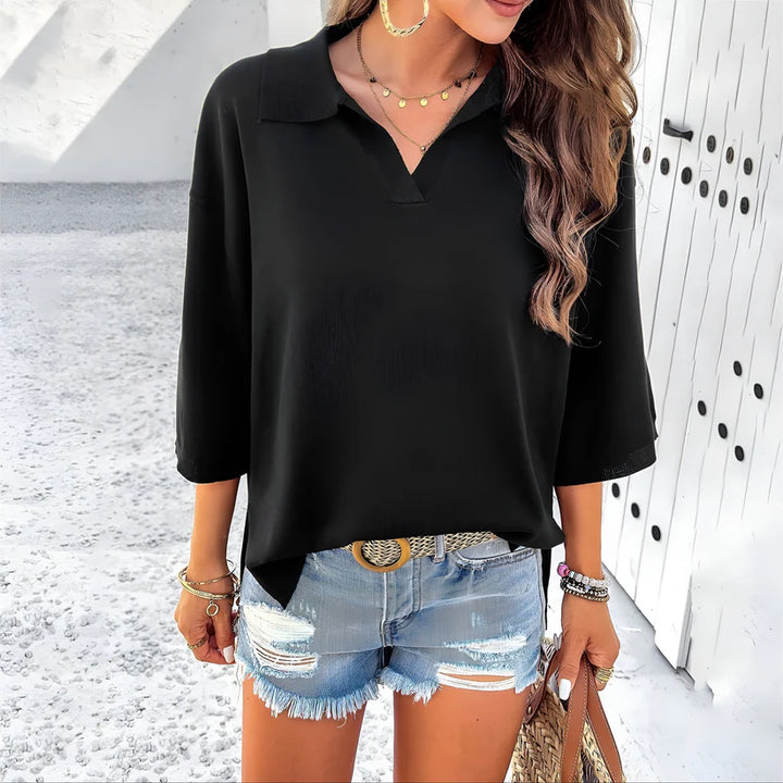 Model wearing Elmira Top – relaxed summer top for women in lightweight microfiber by Santori The Label.