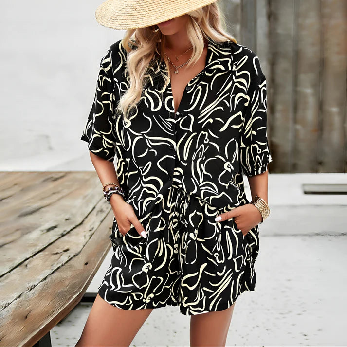 Model wearing Ferri Set – patchwork drawstring pant and retro top matching set, styled for casual summer comfort, by Santori The Label