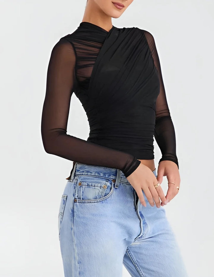 Model wearing Mia Top – fitted chiffon stretch crop for club styling by Santori The Label.