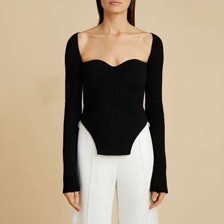 Model wearing Nikki Top – long sleeve cropped streetwear knit top by Santori The Label.