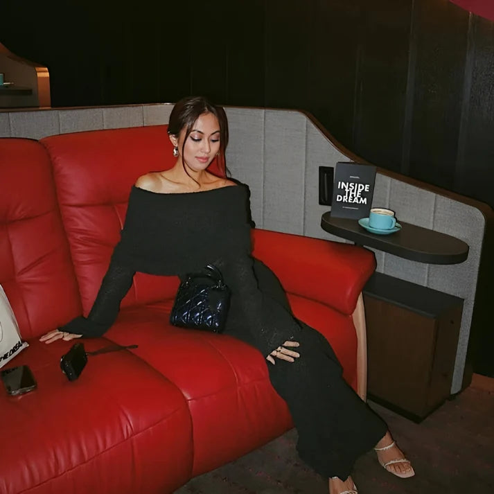 Model wearing Precilla Maxi Dress – relaxed fit minimalist maxi dress with high-stretch by Santori The Label.