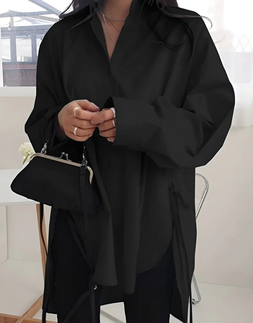 Model wearing Selma Long Sleeve Top – loose, flowy top for women in minimalist autumn styling by Santori The Label.
