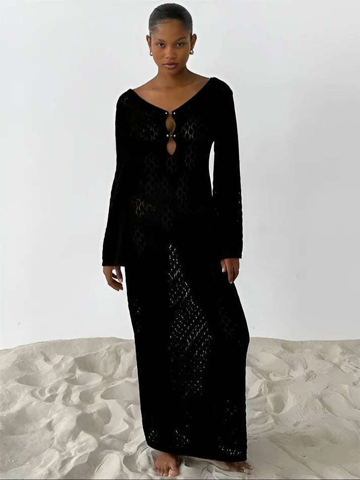 Model wearing Taliah Maxi Dress – patchwork high-stretch winter maxi with flowing silhouette by Santori The Label.