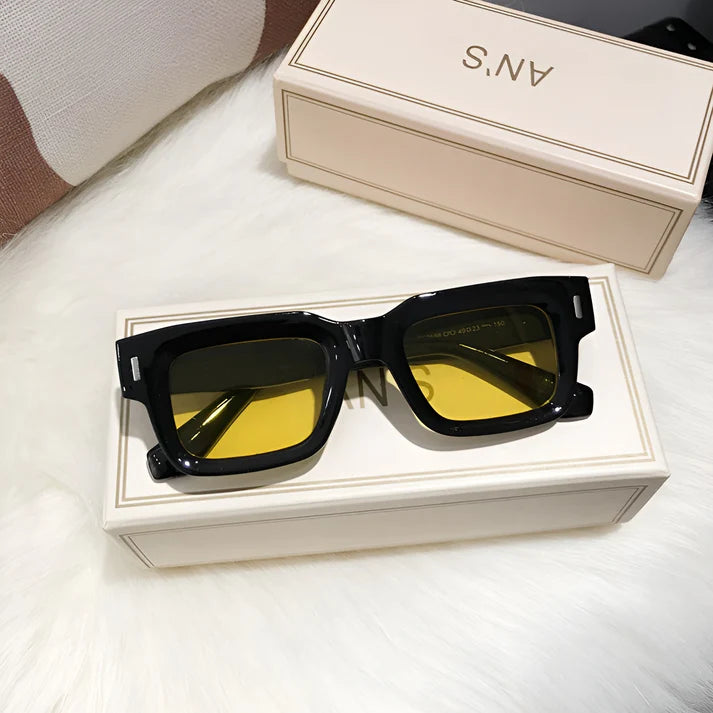 Model wearing Lexie Rectangular Sunglasses – bold cat-eye inspired UV400 fashion sunglasses with plastic frame and acrylic lenses by Santori The Label