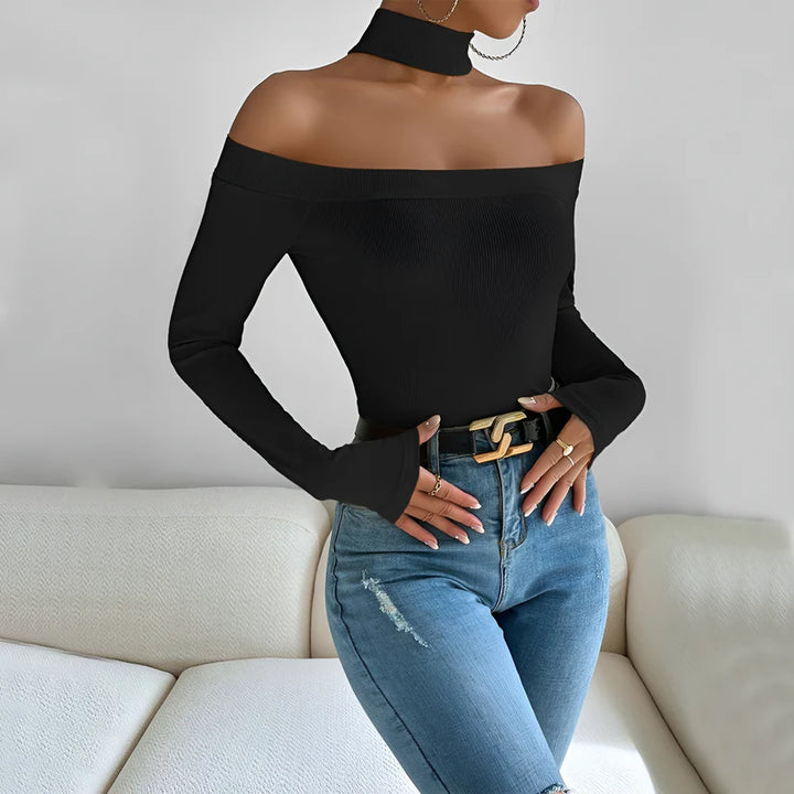 Model wearing Yui Top – slim structured knit top for cooler seasons by Santori The Label.