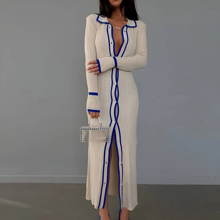 Model wearing Ariana Maxi Dress – patchwork knit office maxi dress with slim fit and structured stretch by Santori The Label.