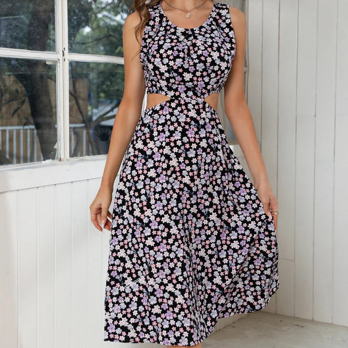 Model wearing Bena Midi Dress – relaxed fit summer midi dress with high stretch comfort by Santori The Label.