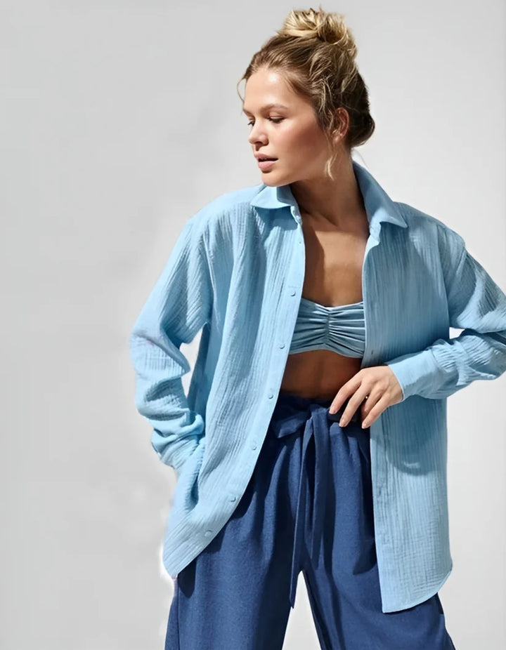 Model wearing Lilia Long Sleeve Top – relaxed cotton long sleeve top in soft natural fabric by Santori The Label.