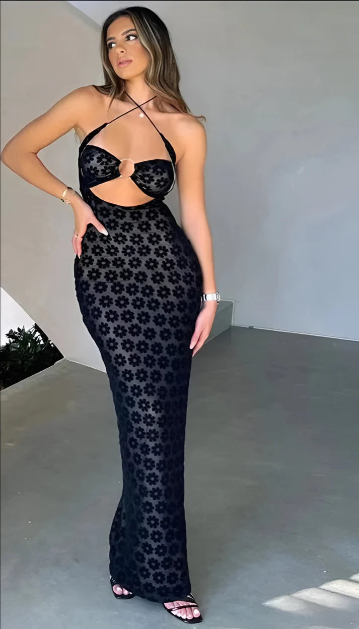 Model wearing Bonnie Maxi Dress – minimalist stretch beach maxi with sleek silhouette by Santori The Label.