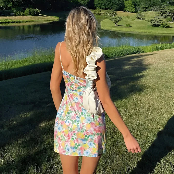 Model wearing Breeala Mini Dress – romantic floral A-line mini dress for summer by Santori The Label.