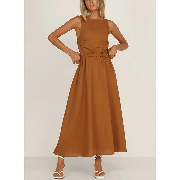 Model wearing Nellie Maxi Dress – relaxed empire waist summer maxi dress with a loose silhouette by Santori The Label.