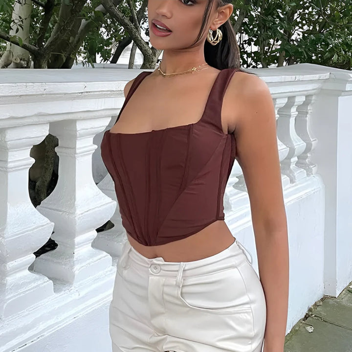 Model wearing Riley Top – slim streetwear summer crop top with medium stretch by Santori The Label.