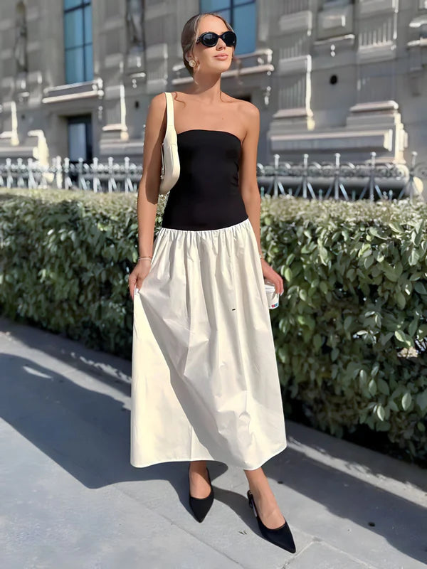 Model wearing Burkley Skirt – ankle-length patchwork A-line party skirt, by Santori The Label