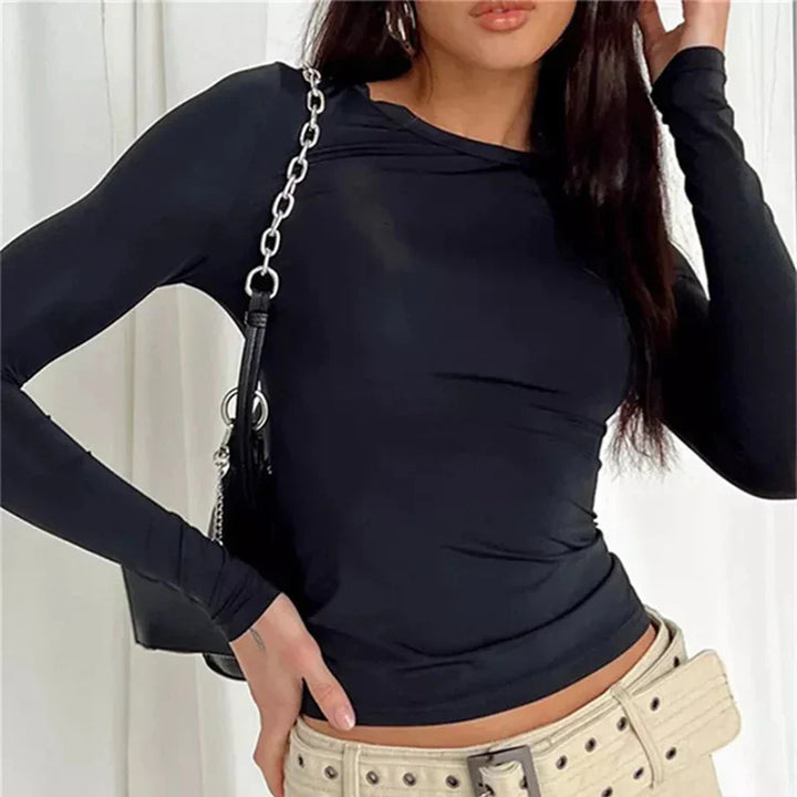 Model wearing Butter Long Sleeve Top – high stretch fitted long sleeve top in sleek, minimalist style by Santori The Label.