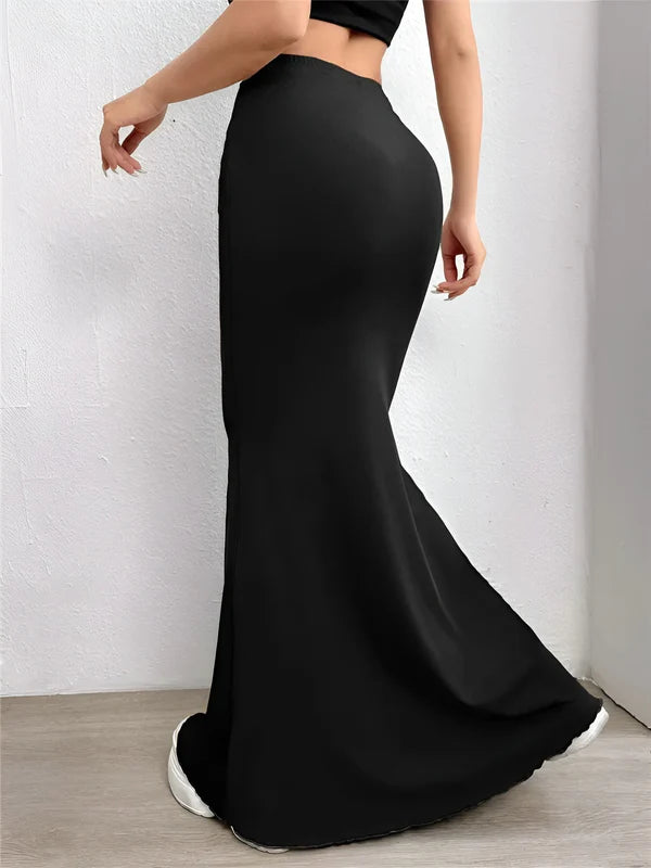 Model wearing Candyce Skirt – floor-length solid mermaid silhouette styled for formal occasions, by Santori The Label