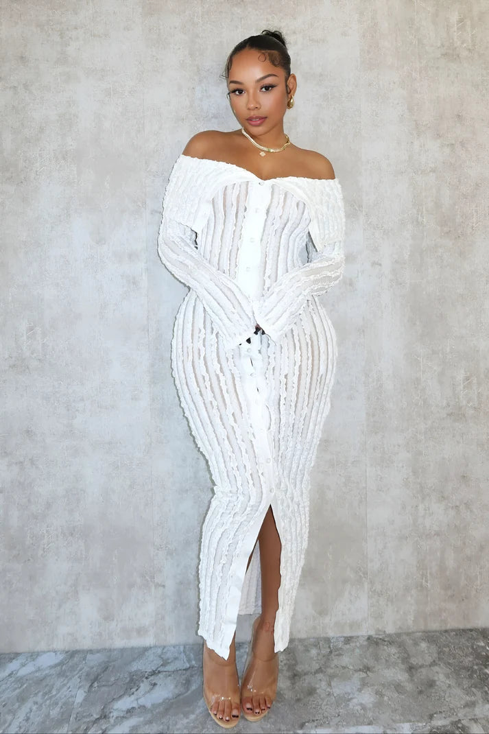 Model wearing Cassandra Maxi Dress – winter-ready high-stretch sheath dress for bold occasions by Santori The Label.
