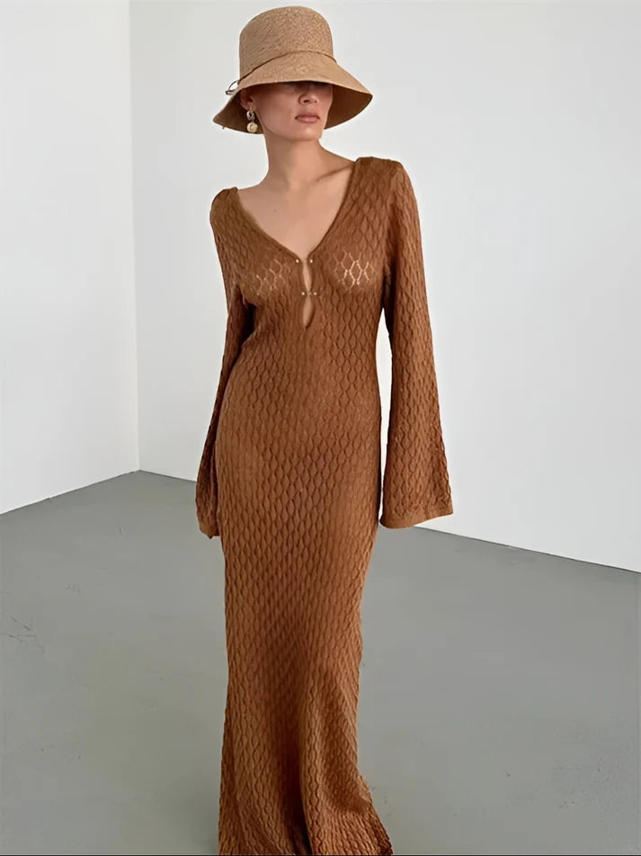 Model wearing Taliah Maxi Dress – patchwork high-stretch winter maxi with flowing silhouette by Santori The Label.