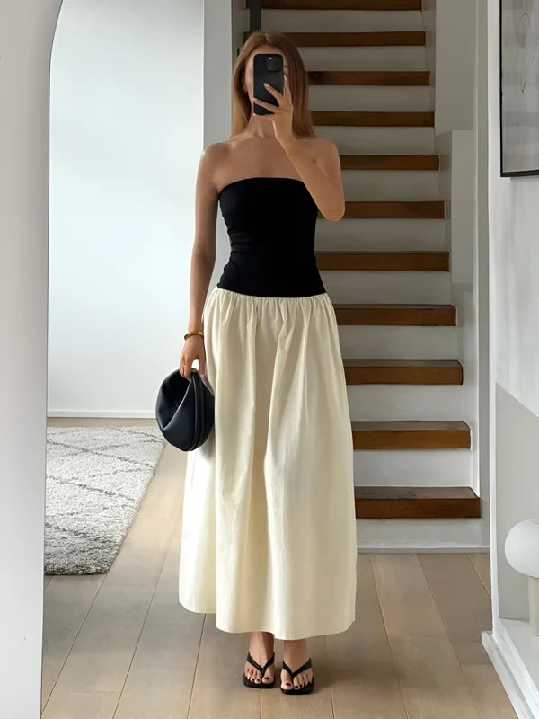 Model wearing Burkley Skirt – ankle-length patchwork A-line party skirt, by Santori The Label