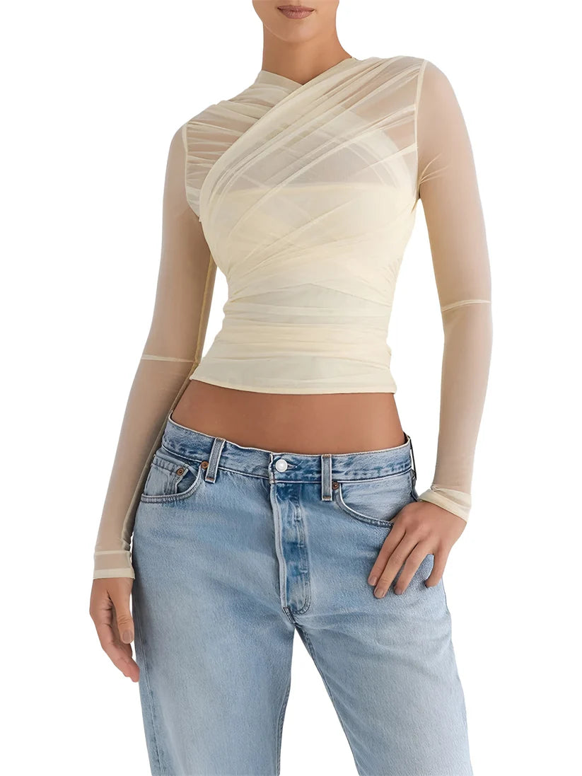 Model wearing Mia Top – fitted chiffon stretch crop for club styling by Santori The Label.