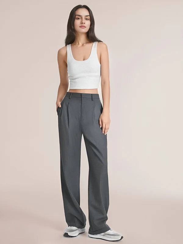 Model wearing Macmillan Pants – casual relaxed-fit trousers for women in minimal design, by Santori The Label