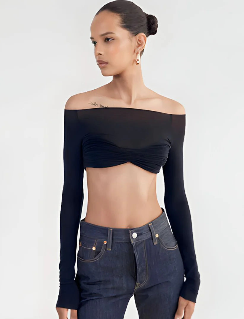 Model wearing Darlene Top – vintage-inspired slim fit printed crop top by Santori The Label.