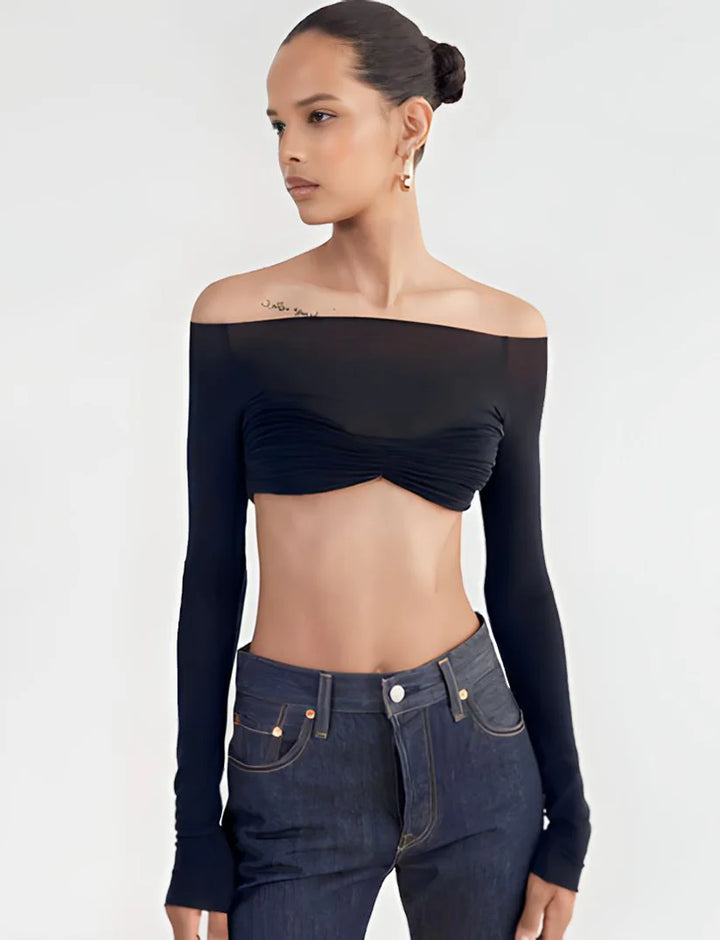 Model wearing Darlene Top – vintage-inspired slim fit printed crop top by Santori The Label.