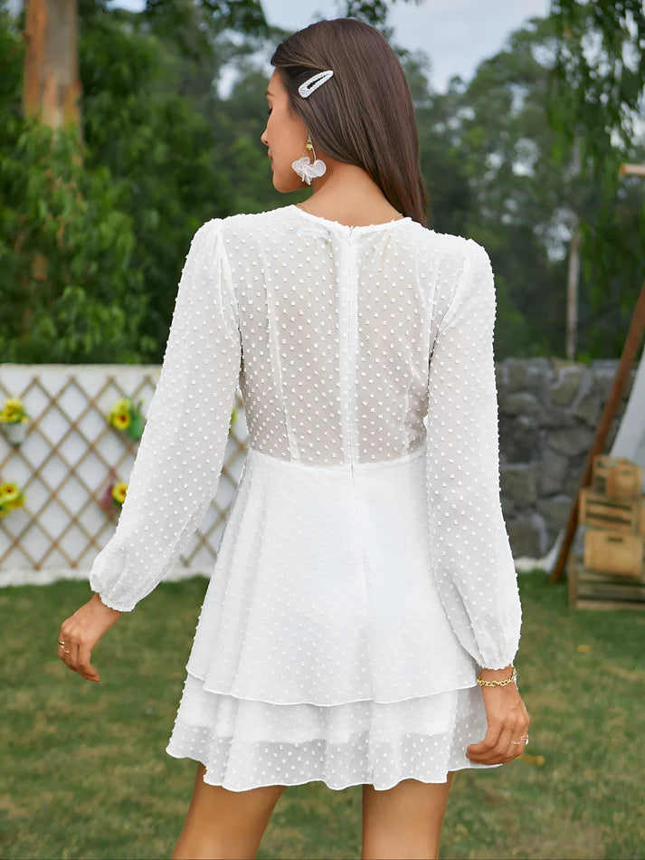 Model wearing Elliana Mini Dress – elegant slim fit chiffon mini dress for summer by Santori The Label.