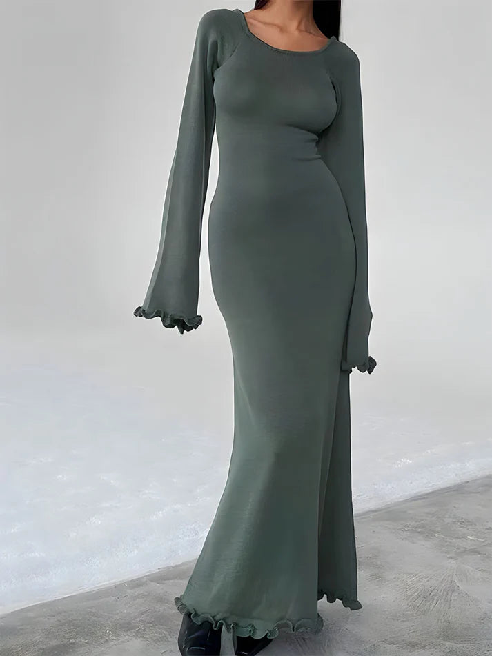 Model wearing Evelyn Maxi Dress – slim street-style ankle-length sheath dress by Santori The Label.