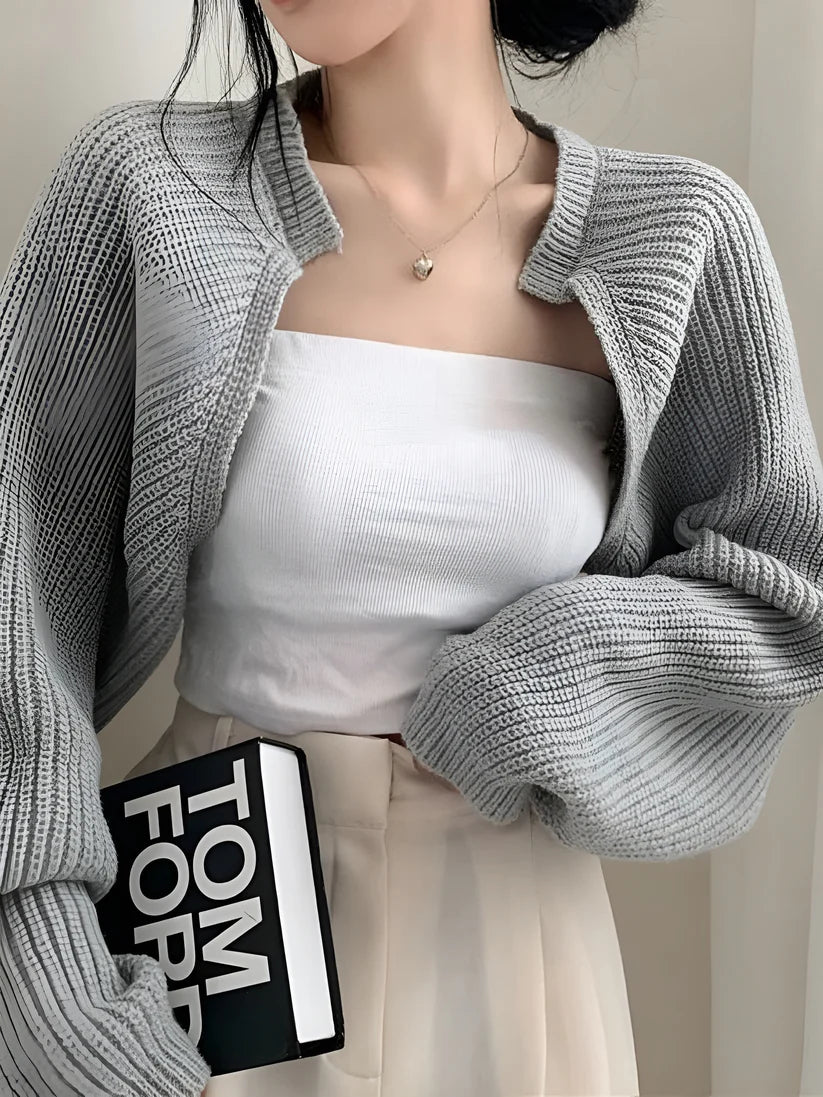 Model wearing Czarina Jacket Top – cropped layering stretch jacket top in mercerized cotton by Santori The Label.
