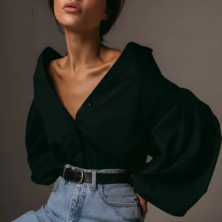 Model wearing Grayz Top – relaxed loose fit polyester blend casual top for summer by Santori The Label.