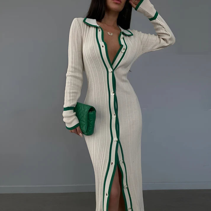 Model wearing Ariana Maxi Dress – patchwork knit office maxi dress with slim fit and structured stretch by Santori The Label.