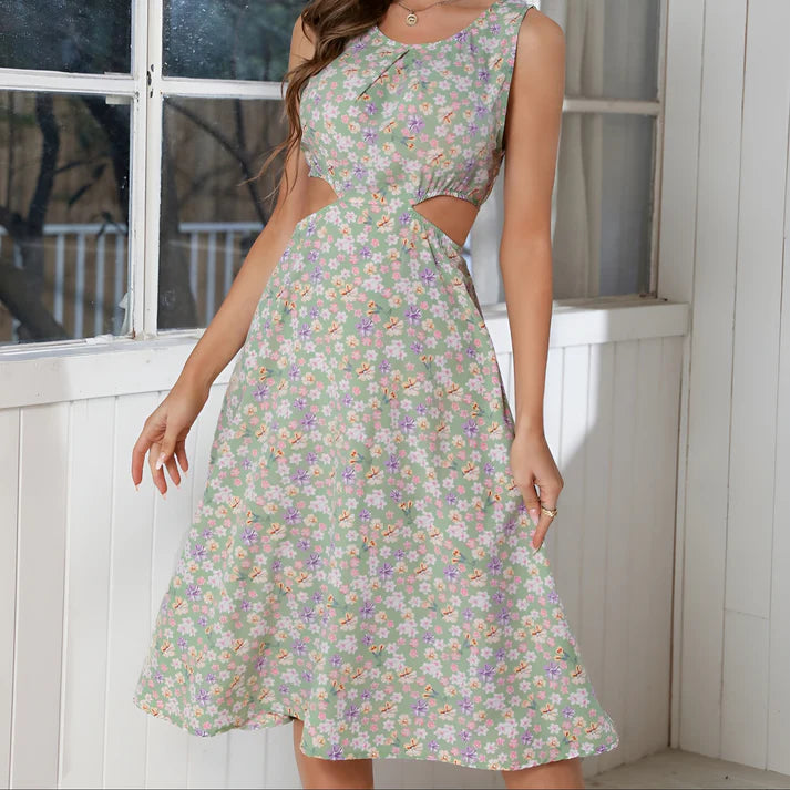 Model wearing Bena Midi Dress – relaxed fit summer midi dress with high stretch comfort by Santori The Label.
