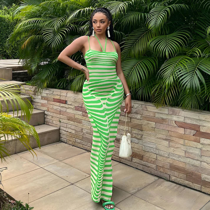 Model wearing Celina Maxi Dress – striped sheath maxi with slim summer fit by Santori The Label.