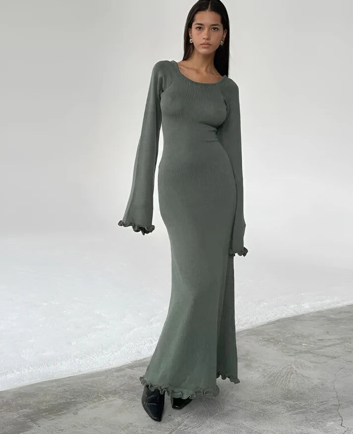 Model wearing Evelyn Maxi Dress – slim street-style ankle-length sheath dress by Santori The Label.