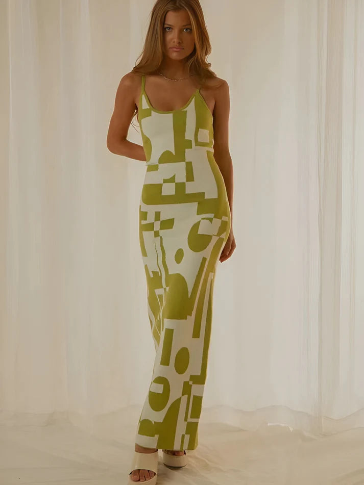 Model wearing Sarjah Maxi Dress – slim fit printed office-ready summer maxi by Santori The Label.