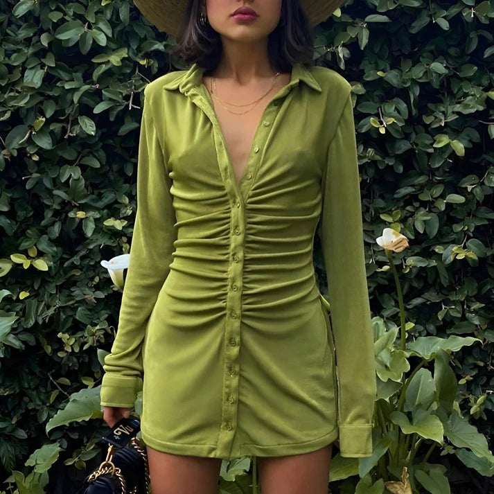 Model wearing Harper Long Sleeve Mini Dress – stretchy sexy sheath mini with empire waist by Santori The Label.