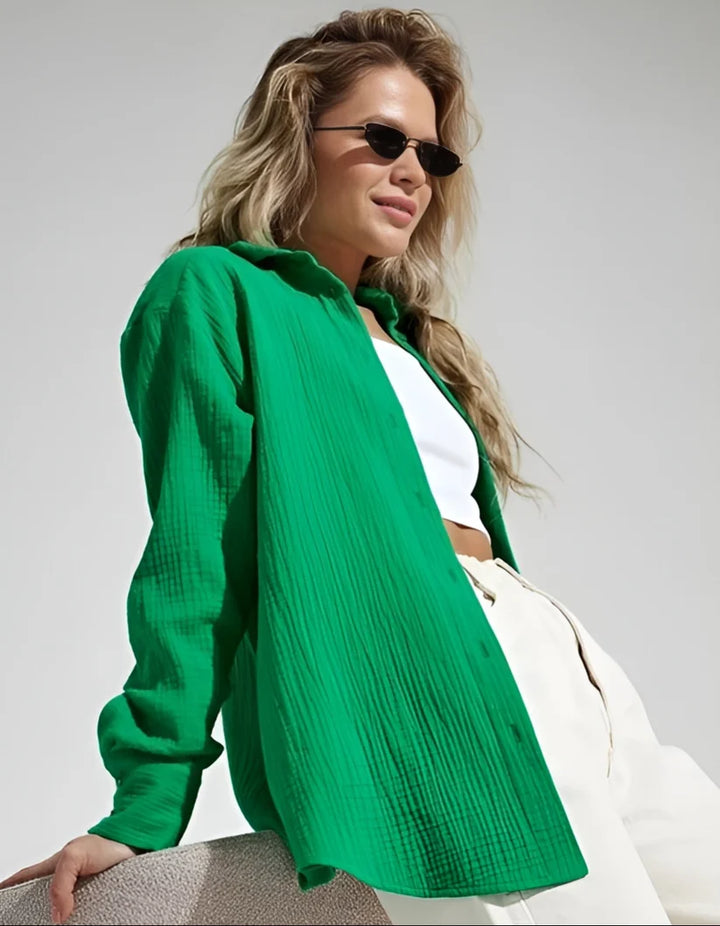 Model wearing Lilia Long Sleeve Top – relaxed cotton long sleeve top in soft natural fabric by Santori The Label.