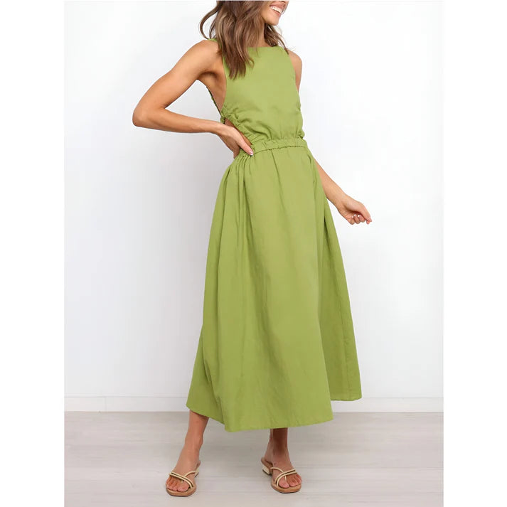 Model wearing Nellie Maxi Dress – relaxed empire waist summer maxi dress with a loose silhouette by Santori The Label.