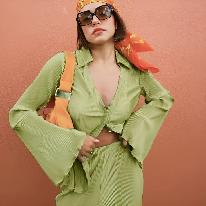 Model wearing Nicole Set – casual two piece matching set for women with relaxed fit, by Santori The Label