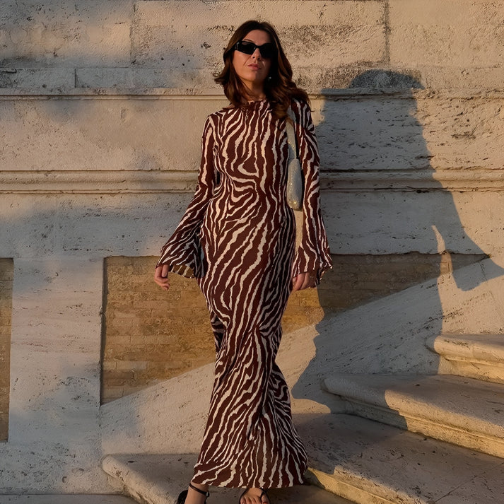 Model wearing Guinne Maxi Dress – straight-cut velvet unisex maxi with plush texture by Santori The Label.