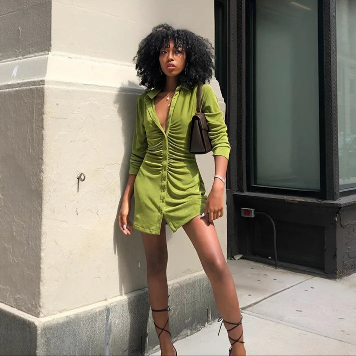Model wearing Harper Long Sleeve Mini Dress – stretchy sexy sheath mini with empire waist by Santori The Label.