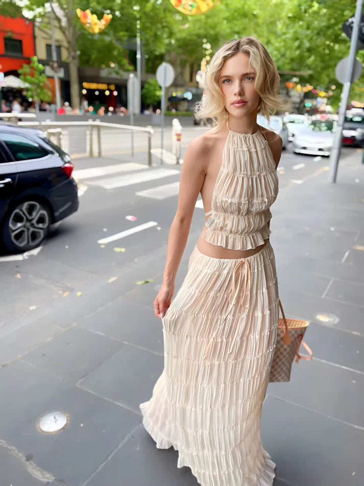 Model wearing Isabella Co-Ord Set – relaxed fit crop top and full-length summer skirt, minimalist solid style by Santori The Label